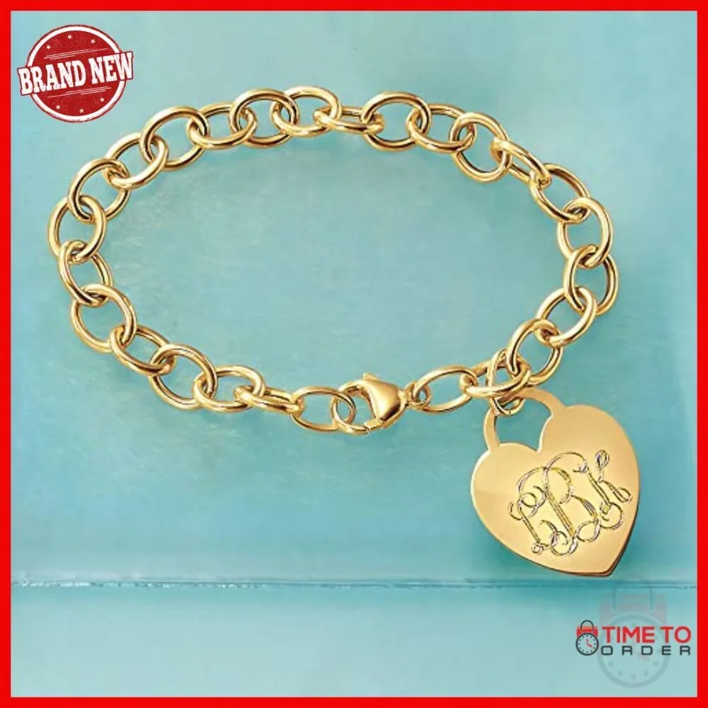14kt Gold Heart Charm Bracelet, 7 Inch, Personalized Gift, Lobster Clasp